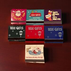 7 Vintage Xmas Tele Gift Matchbooks “Give Santa A Lift With Tele Gift” Unstruck